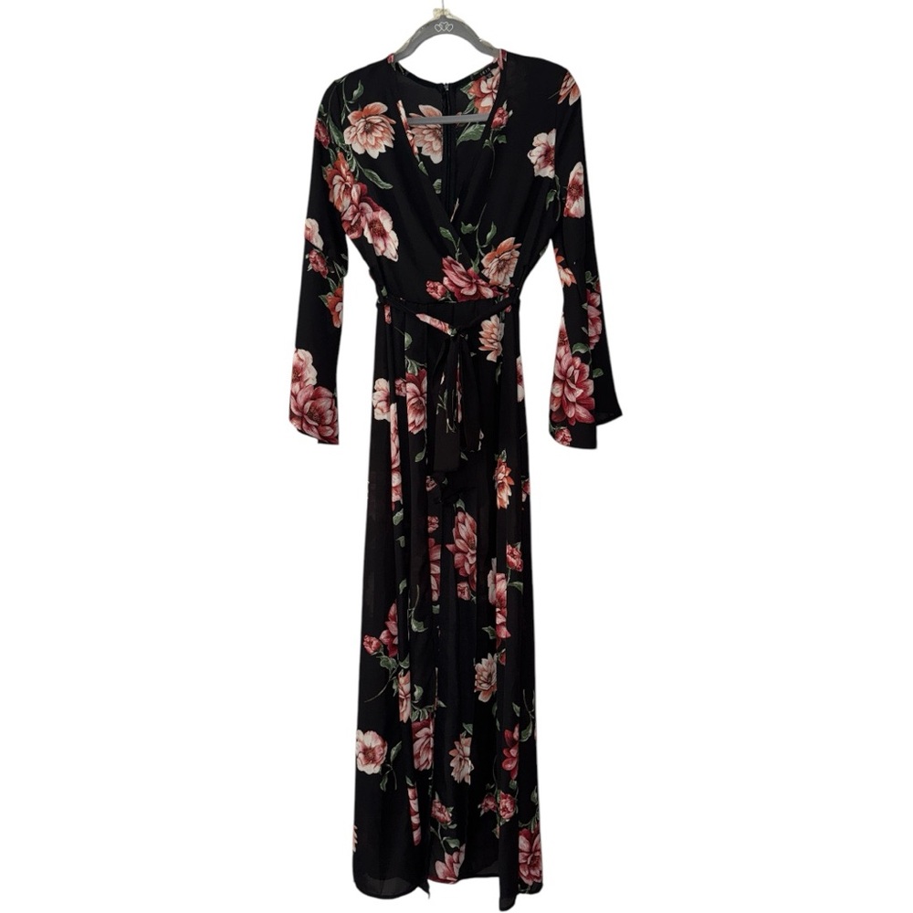 IRIS Black Floral Walk Through Maxi Romper Dress Shorts Overlay NWOT Size M